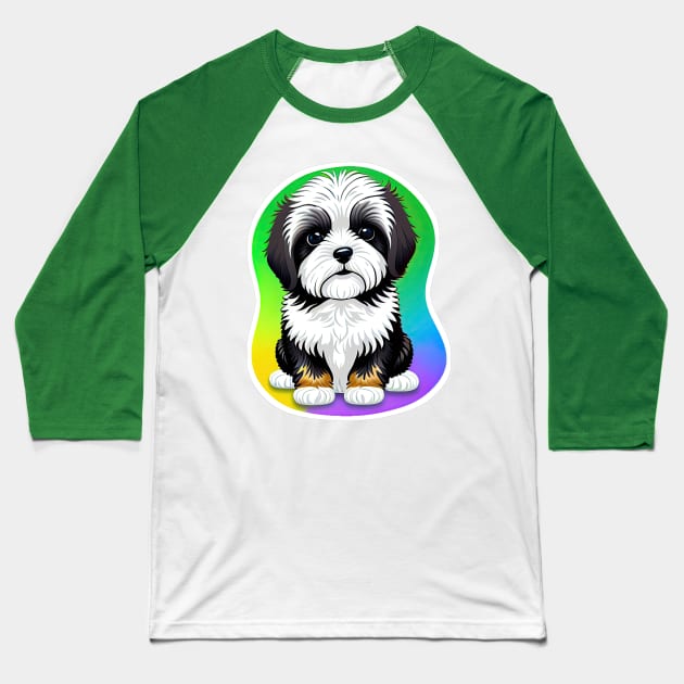 A Cute Havanese Puppy Dog with Black & White Markings and a Brown Trim with a Rainbow Color Background Baseball T-Shirt by SymbioticDesign